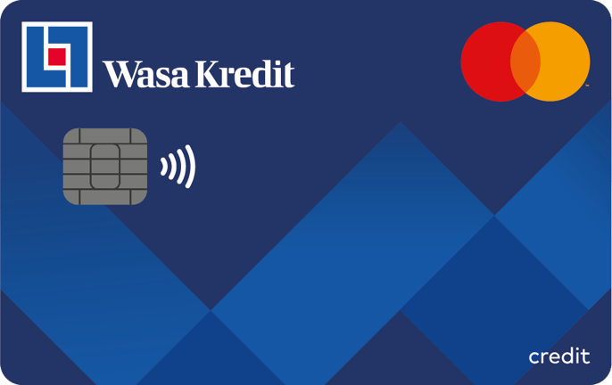 Tandhälsan A6 Jönköping Bild på ett Wasa Kredit Mastercard med chip och kontaktlös symbol på blå bakgrund, perfekt för att täcka dina utgifter, oavsett om du handlar eller besöker en tandläkare i Jönköping.